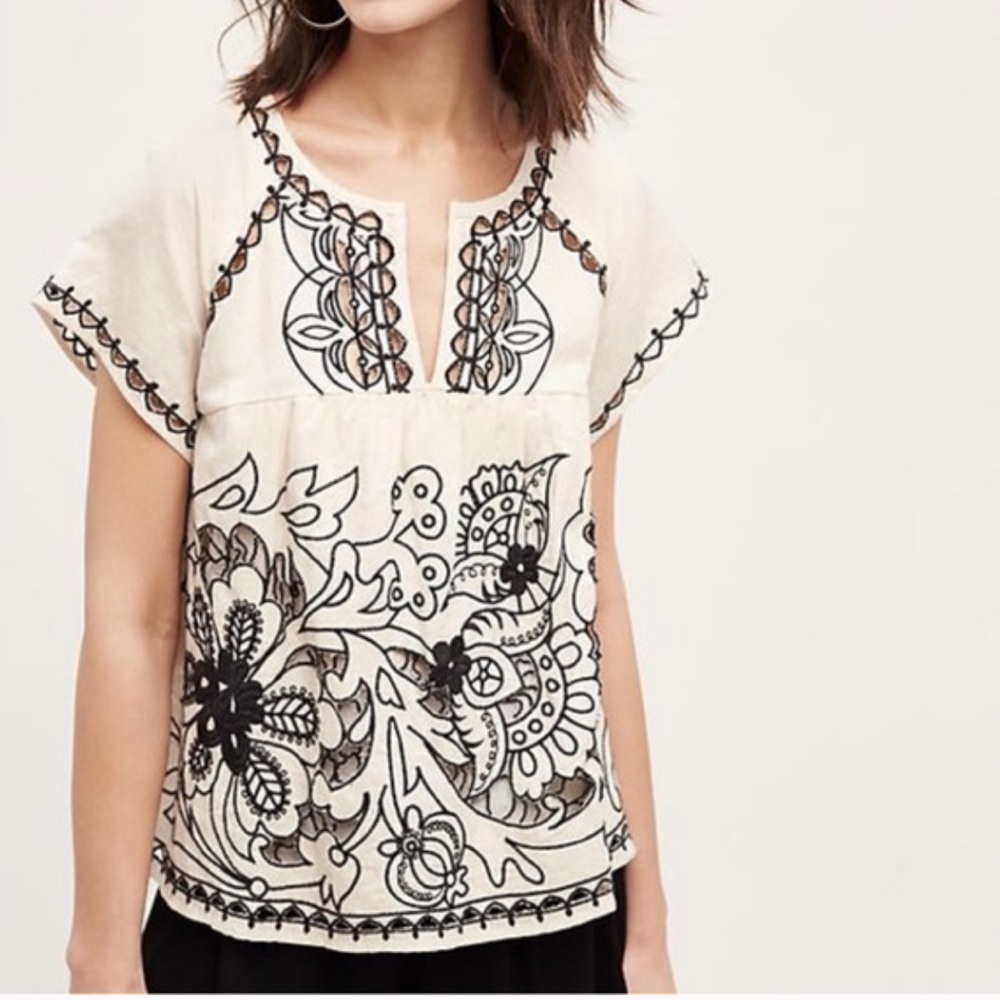 Anthropologie Vanessa Virginia while / navy embroidered blouse